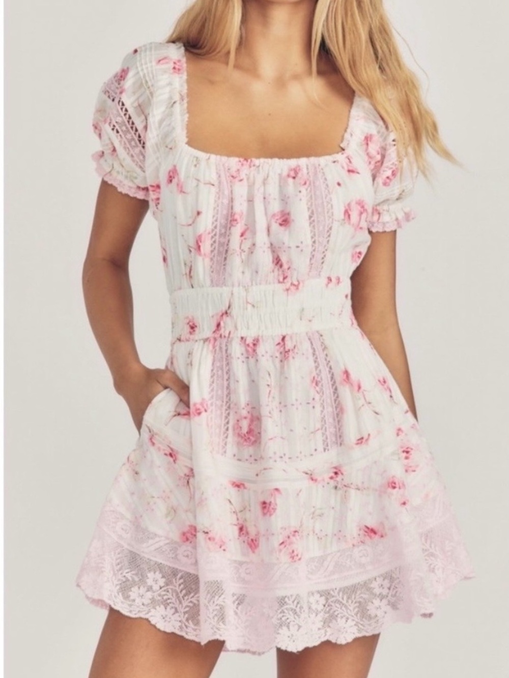 LoveShackFancy Lilium Floral Puff Sleeve Lace Mini Dress Cherry Soda Womens Sz S
